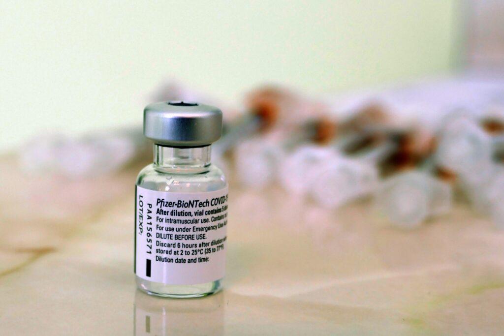 A bottle of a Pfizer COVID-19 vaccine
