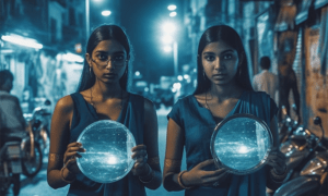 A surrealist image showing two young Indian women holding digital mirrors