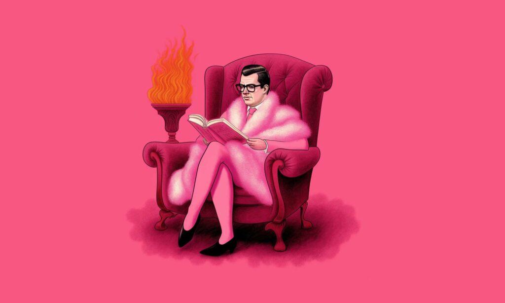 A cartoon image of Daniel Andrews in a fluffy pink coat, reading a book in a pink velvet chair.